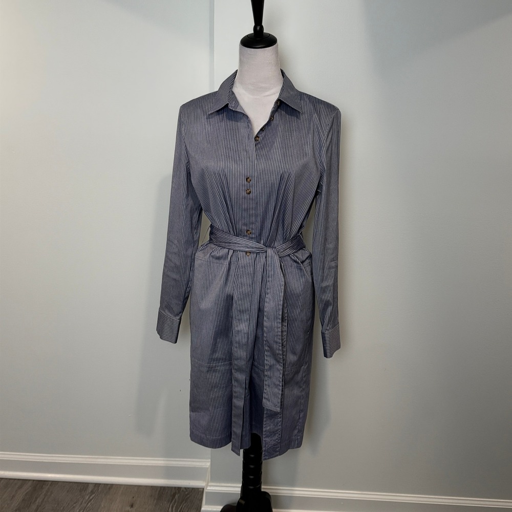 Lafayette 148 New York Blue Striped Metallic Belted Button Down Shirt Dress Med